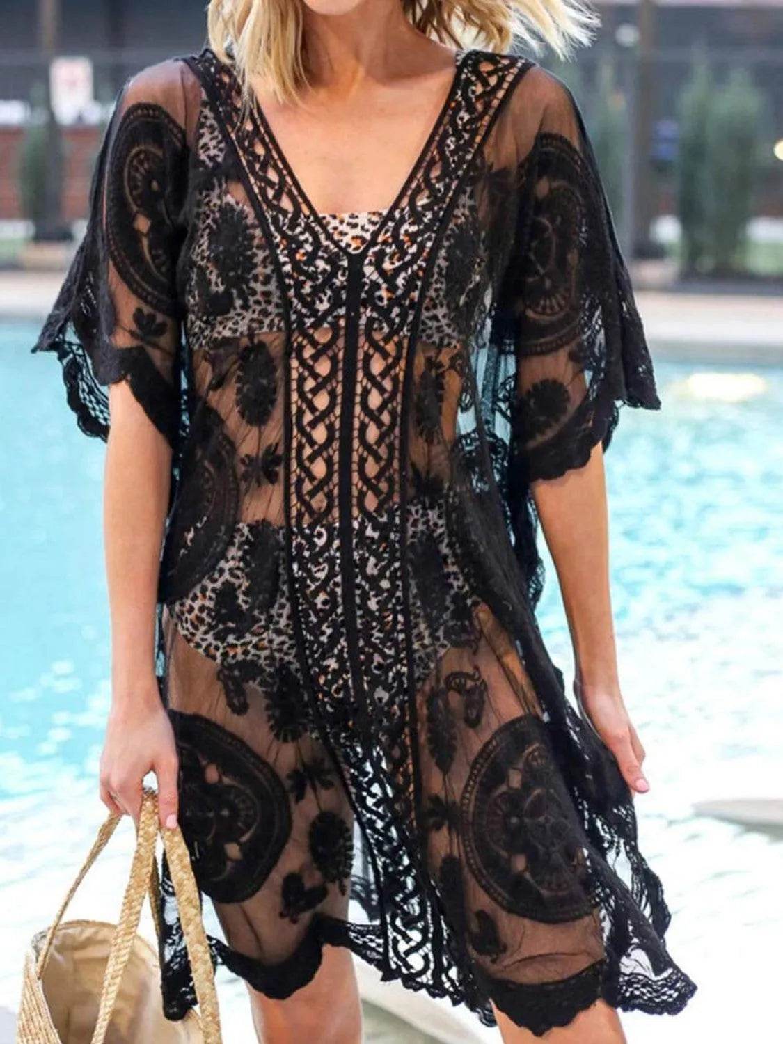 Bona Fide Fashion - Lace V-Neck Half Sleeve Cover-Up - Women Fashion - Bona Fide Fashion