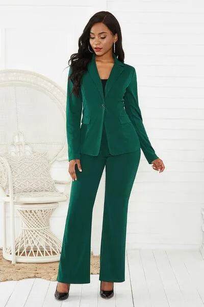 Bona Fide Fashion - Lapel Collar Long Sleeve Blazer and Bottom Set - Women Fashion - Bona Fide Fashion