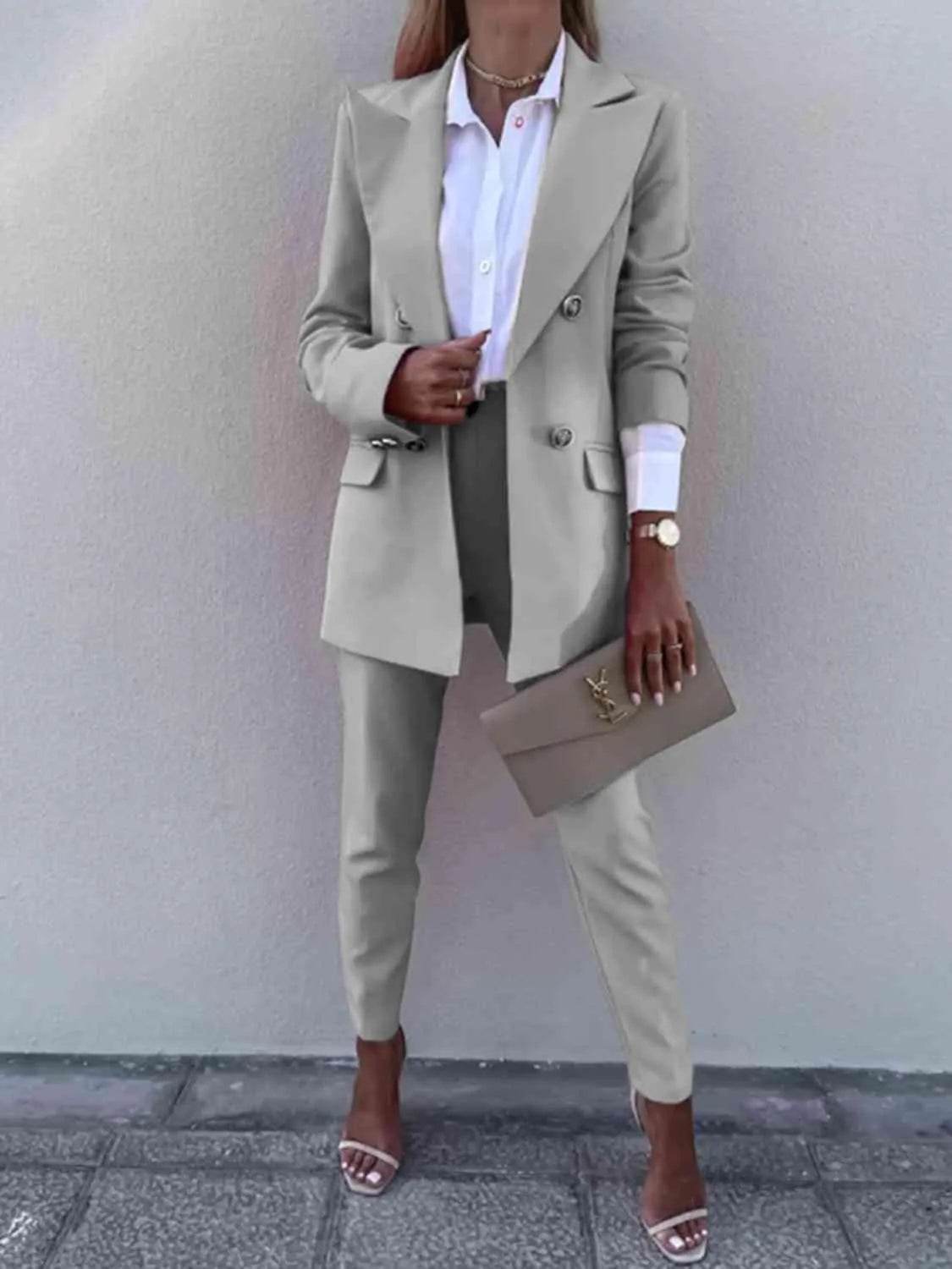 Bona Fide Fashion - Lapel Collar Long Sleeve Blazer and Pants Set - Women Fashion - Bona Fide Fashion