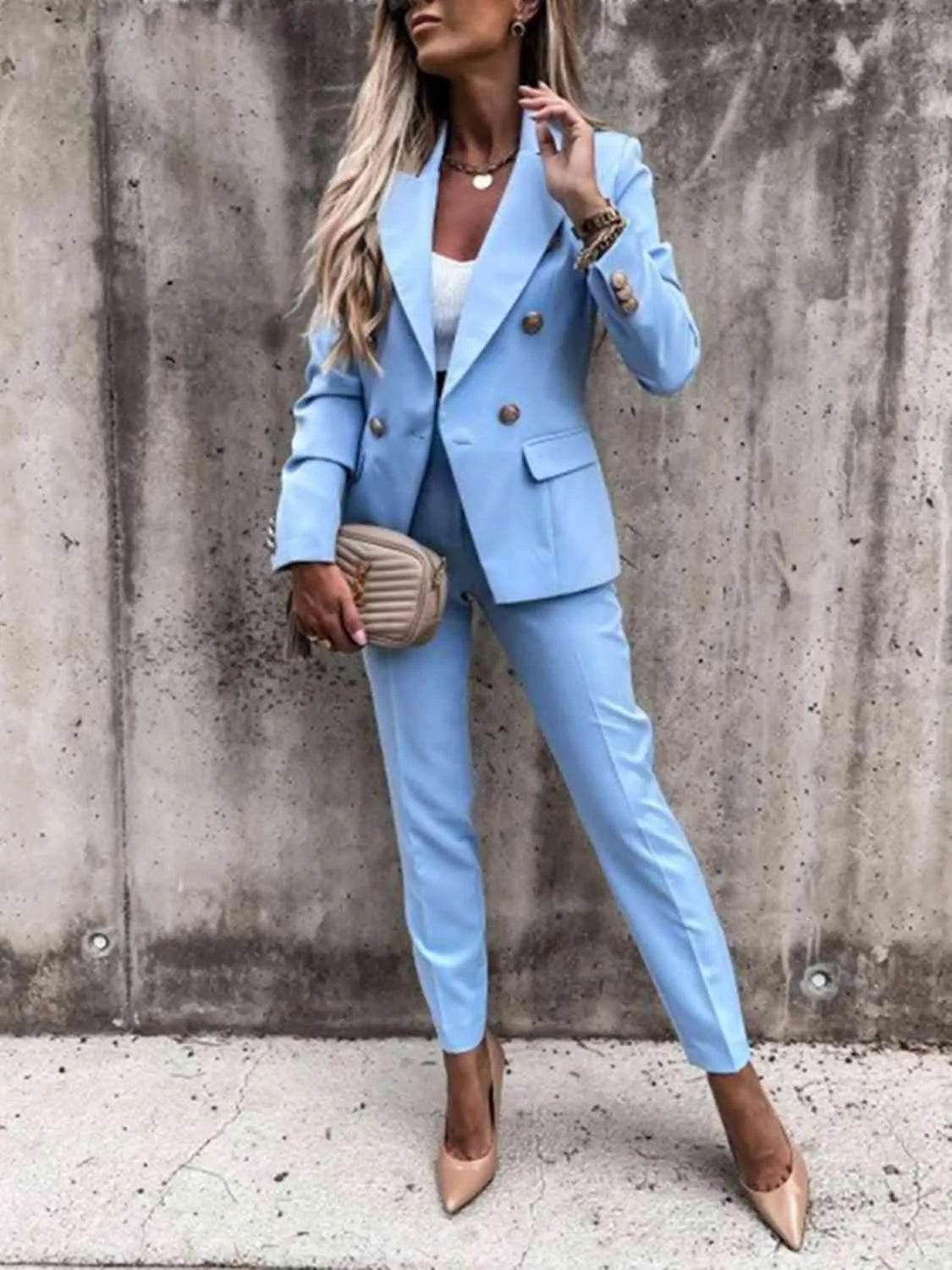 Bona Fide Fashion - Lapel Collar Long Sleeve Blazer and Pants Set - Women Fashion - Bona Fide Fashion