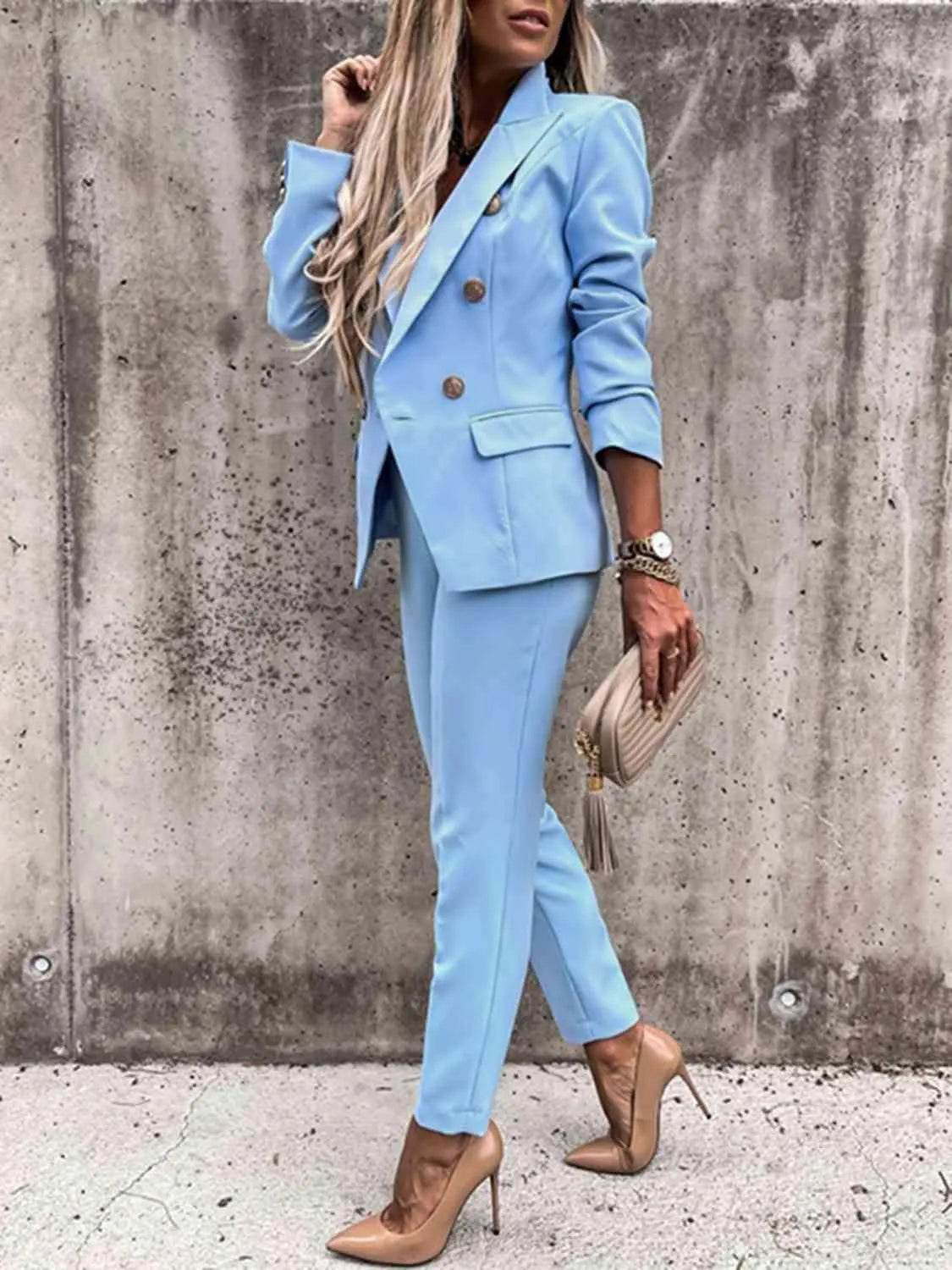 Bona Fide Fashion - Lapel Collar Long Sleeve Blazer and Pants Set - Women Fashion - Bona Fide Fashion