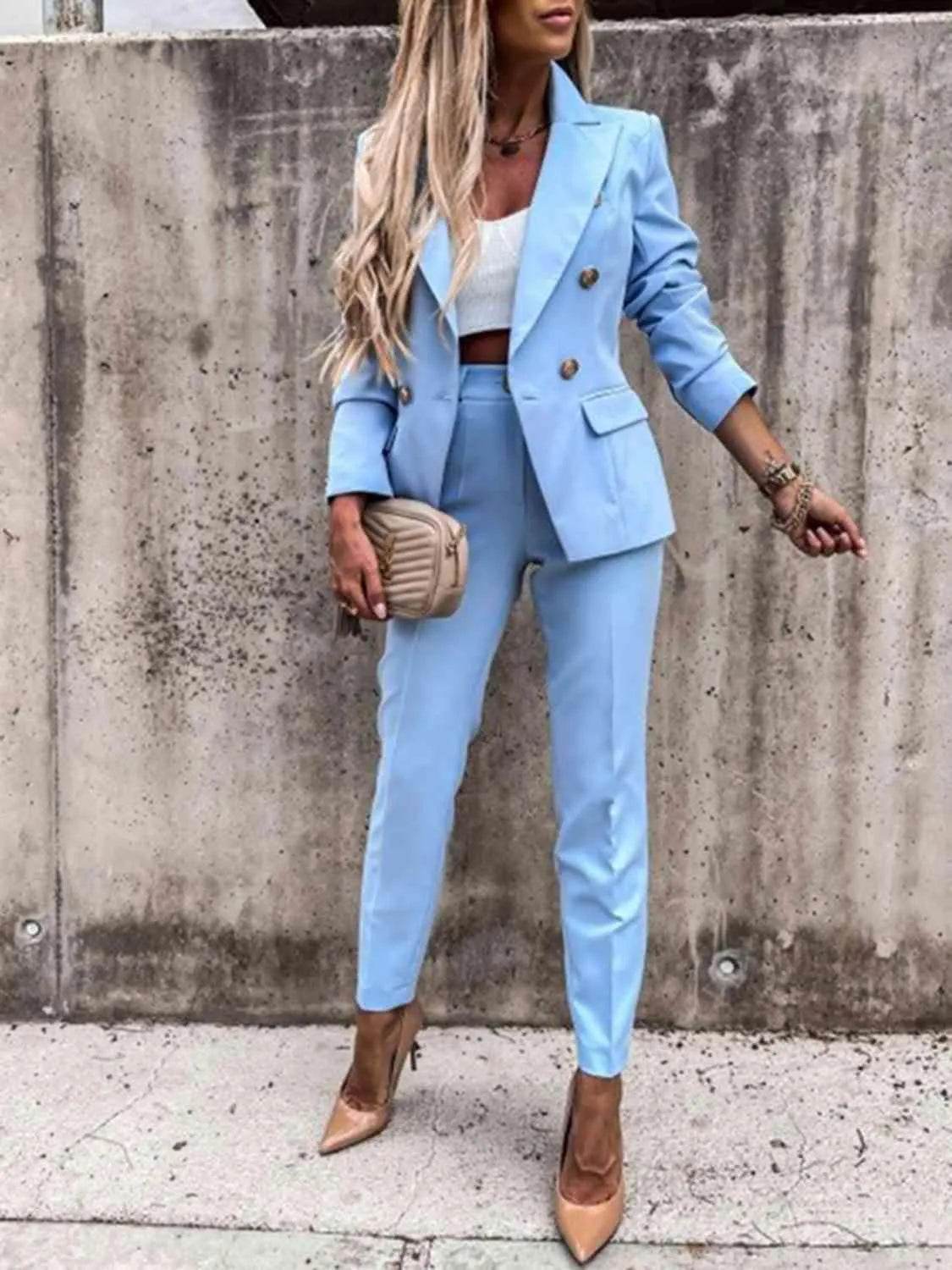 Bona Fide Fashion - Lapel Collar Long Sleeve Blazer and Pants Set - Women Fashion - Bona Fide Fashion