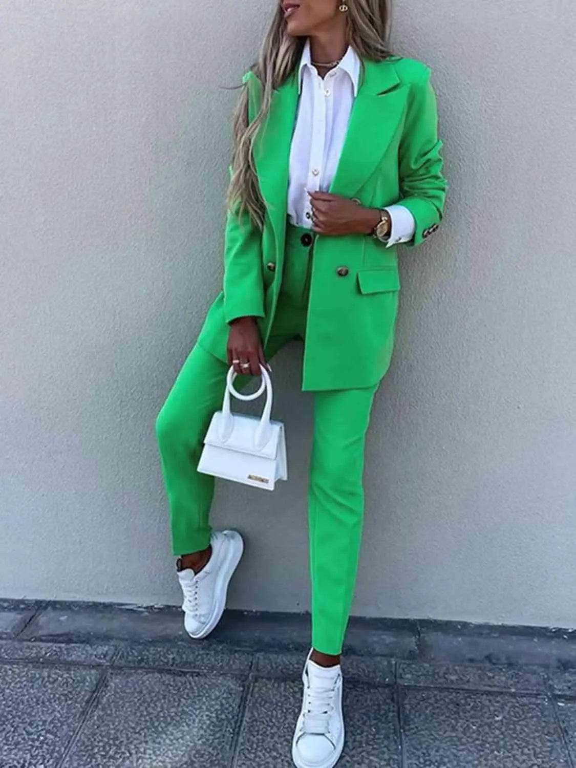 Bona Fide Fashion - Lapel Collar Long Sleeve Blazer and Pants Set - Women Fashion - Bona Fide Fashion