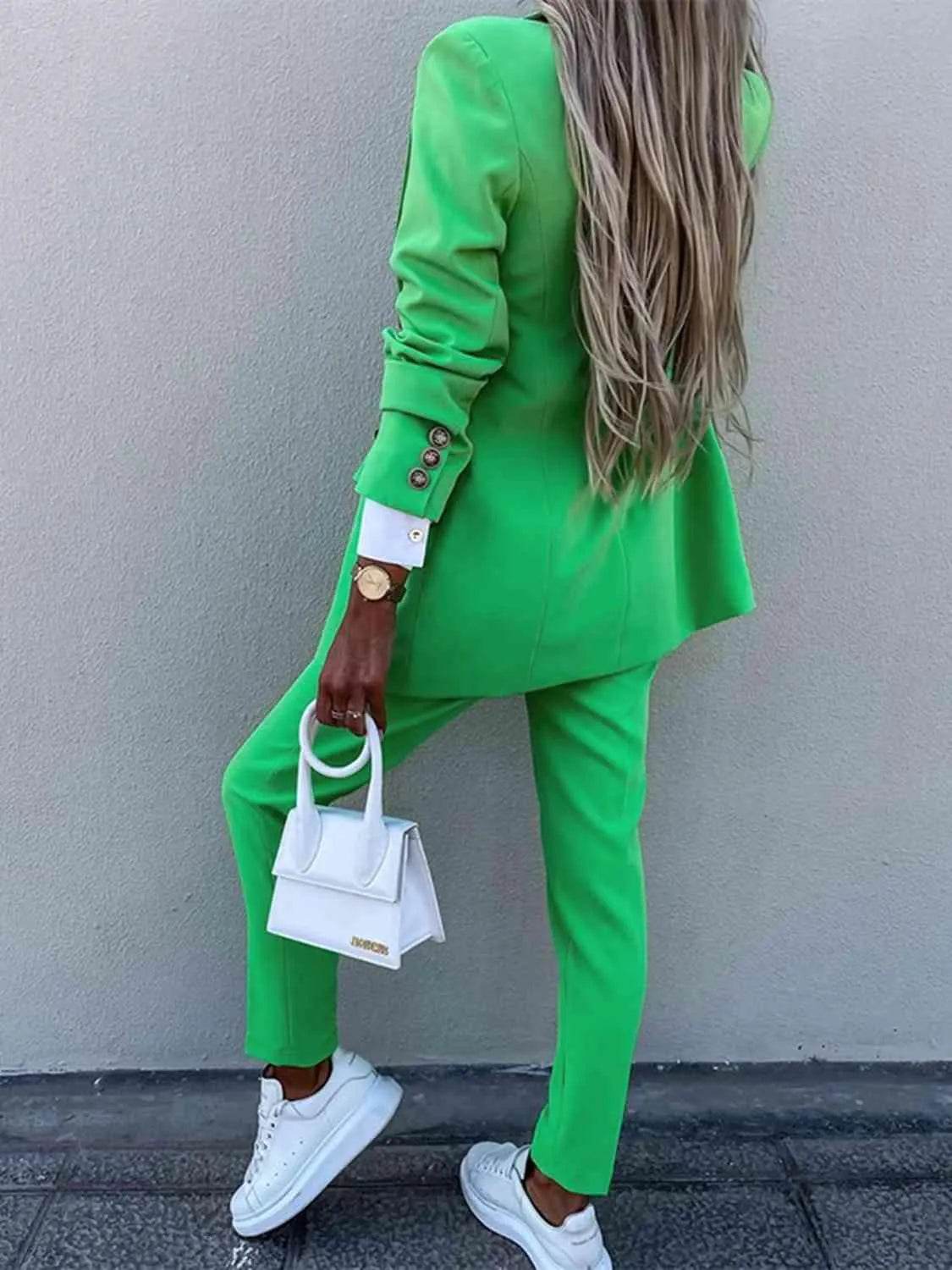 Bona Fide Fashion - Lapel Collar Long Sleeve Blazer and Pants Set - Women Fashion - Bona Fide Fashion