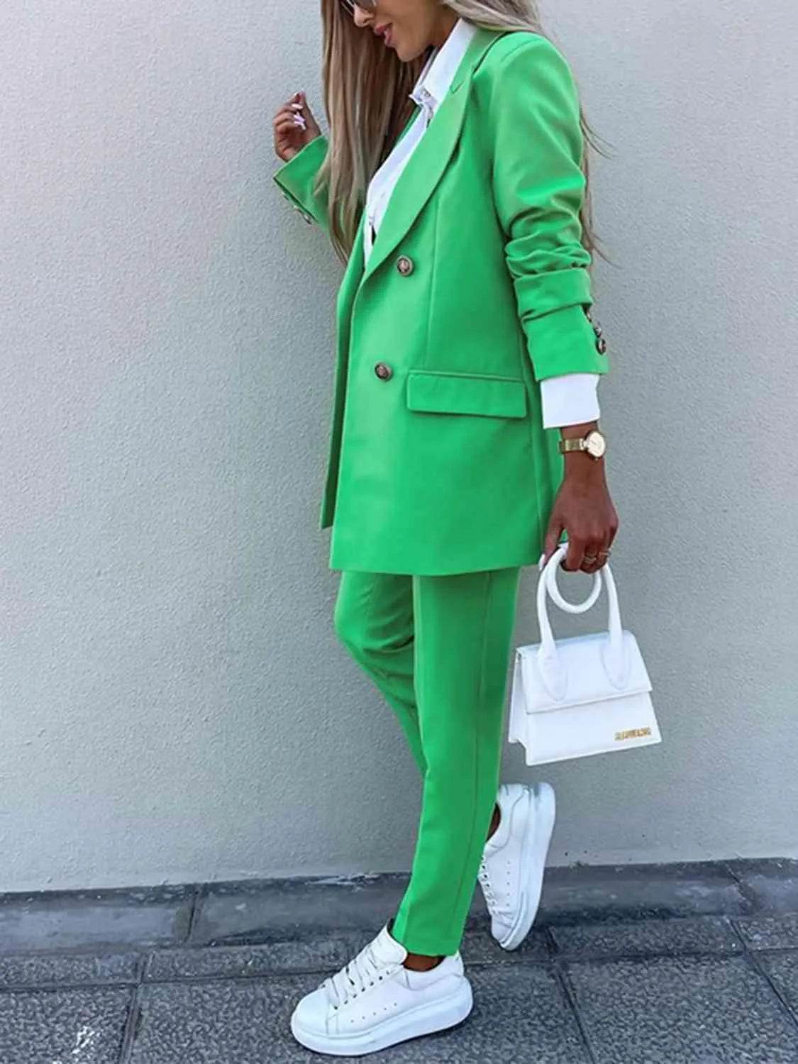 Bona Fide Fashion - Lapel Collar Long Sleeve Blazer and Pants Set - Women Fashion - Bona Fide Fashion