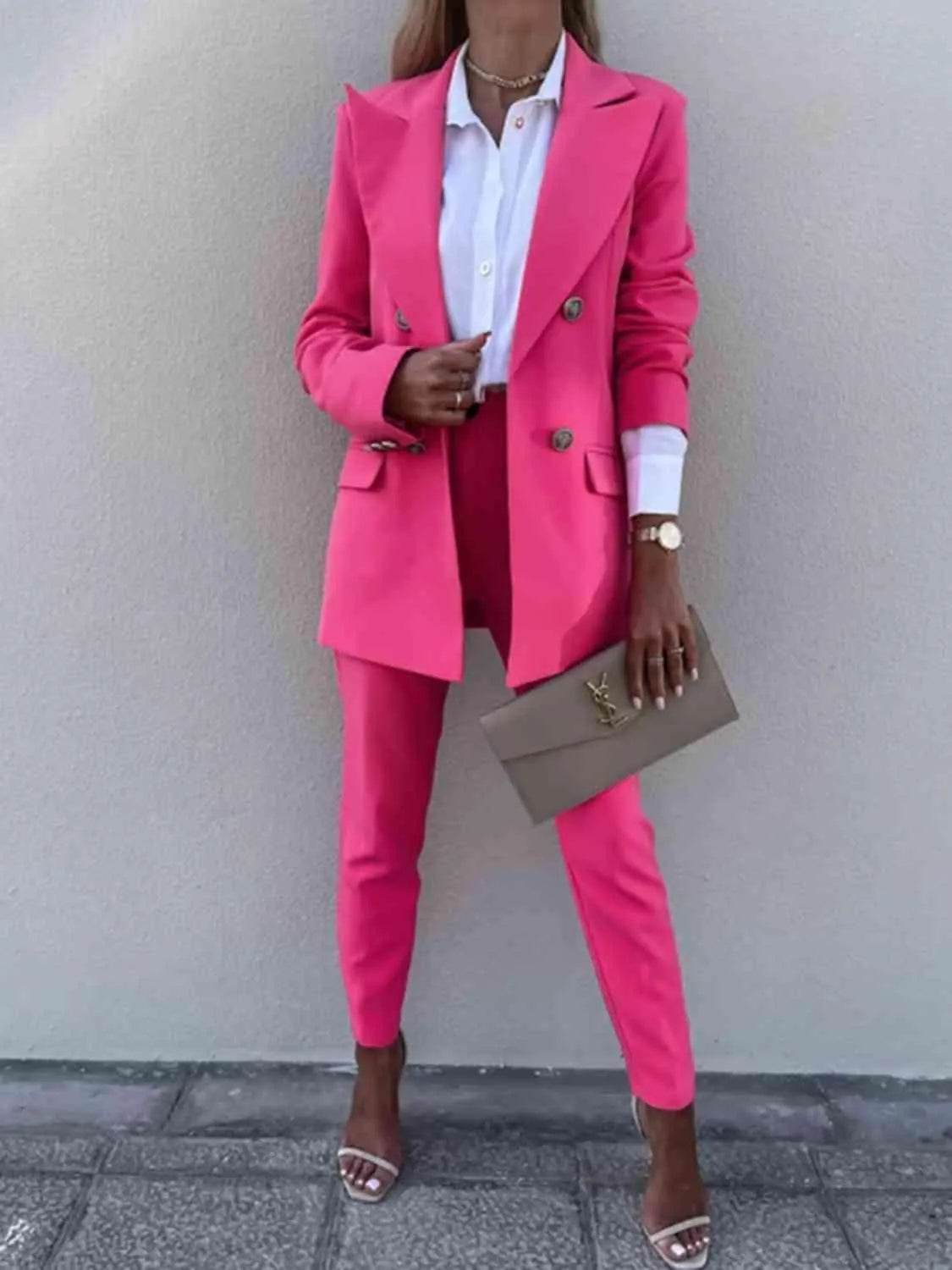 Bona Fide Fashion - Lapel Collar Long Sleeve Blazer and Pants Set - Women Fashion - Bona Fide Fashion