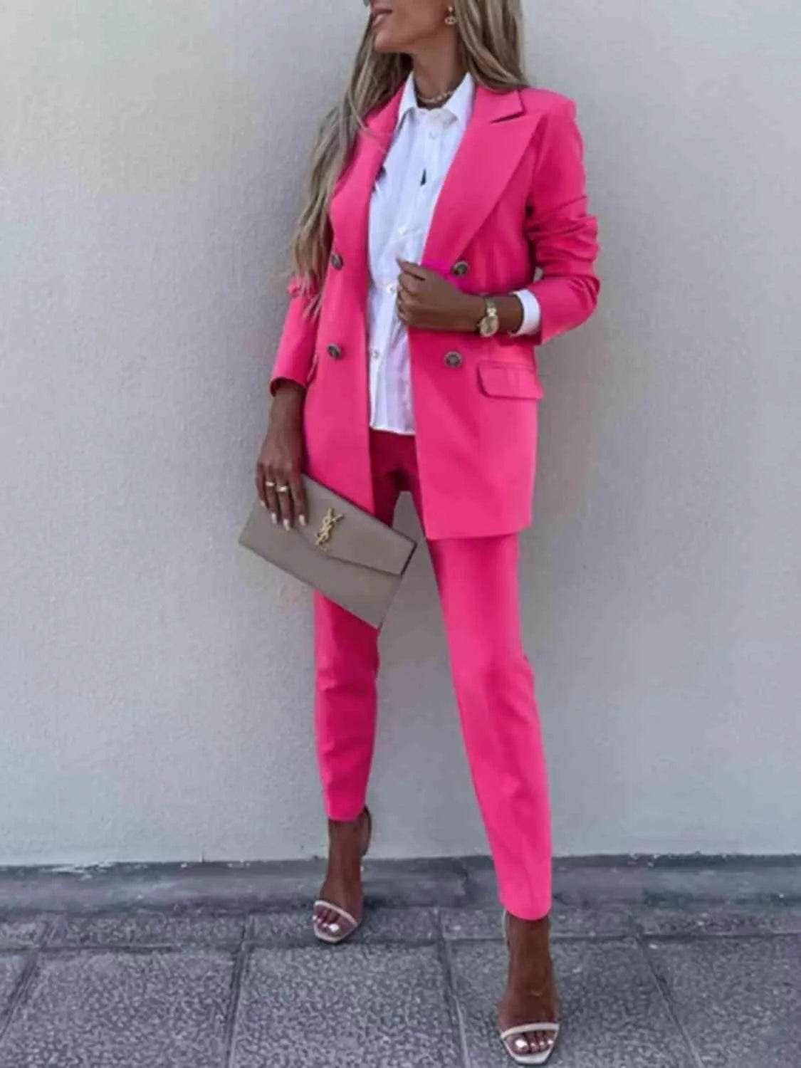 Bona Fide Fashion - Lapel Collar Long Sleeve Blazer and Pants Set - Women Fashion - Bona Fide Fashion