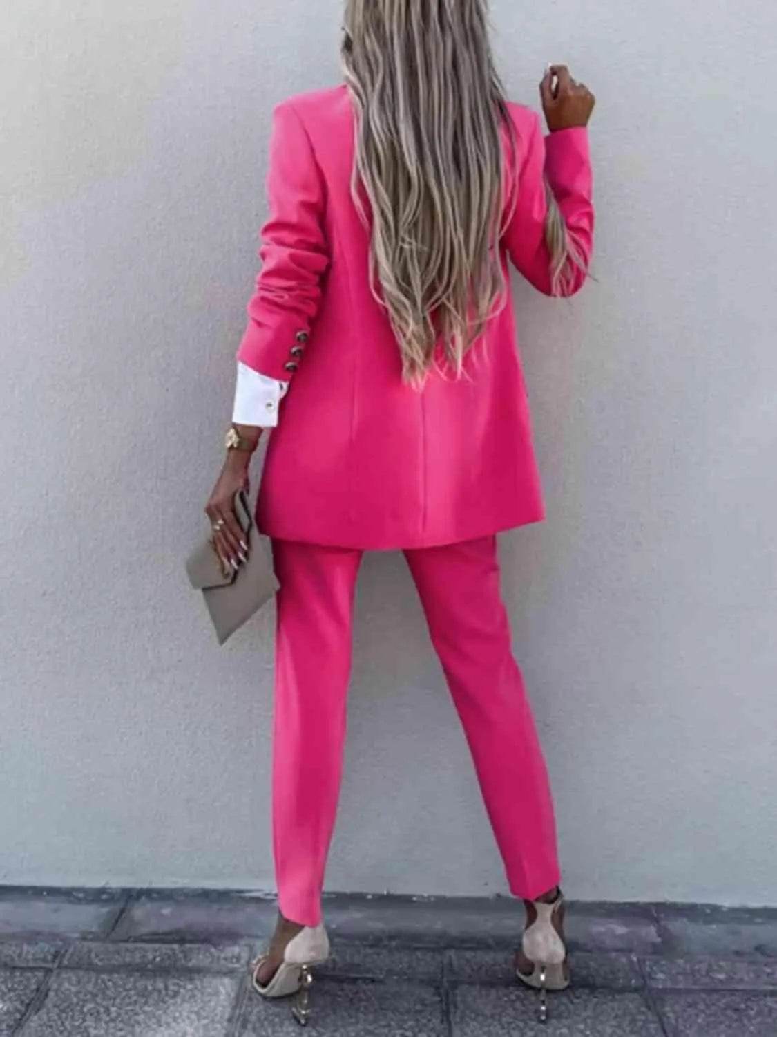 Bona Fide Fashion - Lapel Collar Long Sleeve Blazer and Pants Set - Women Fashion - Bona Fide Fashion