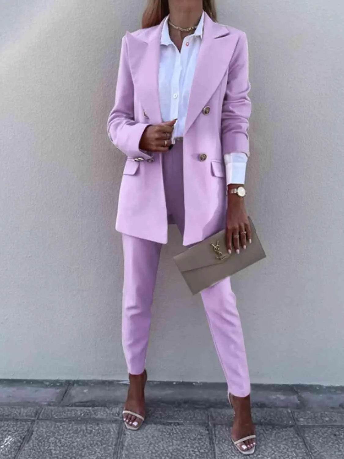 Bona Fide Fashion - Lapel Collar Long Sleeve Blazer and Pants Set - Women Fashion - Bona Fide Fashion