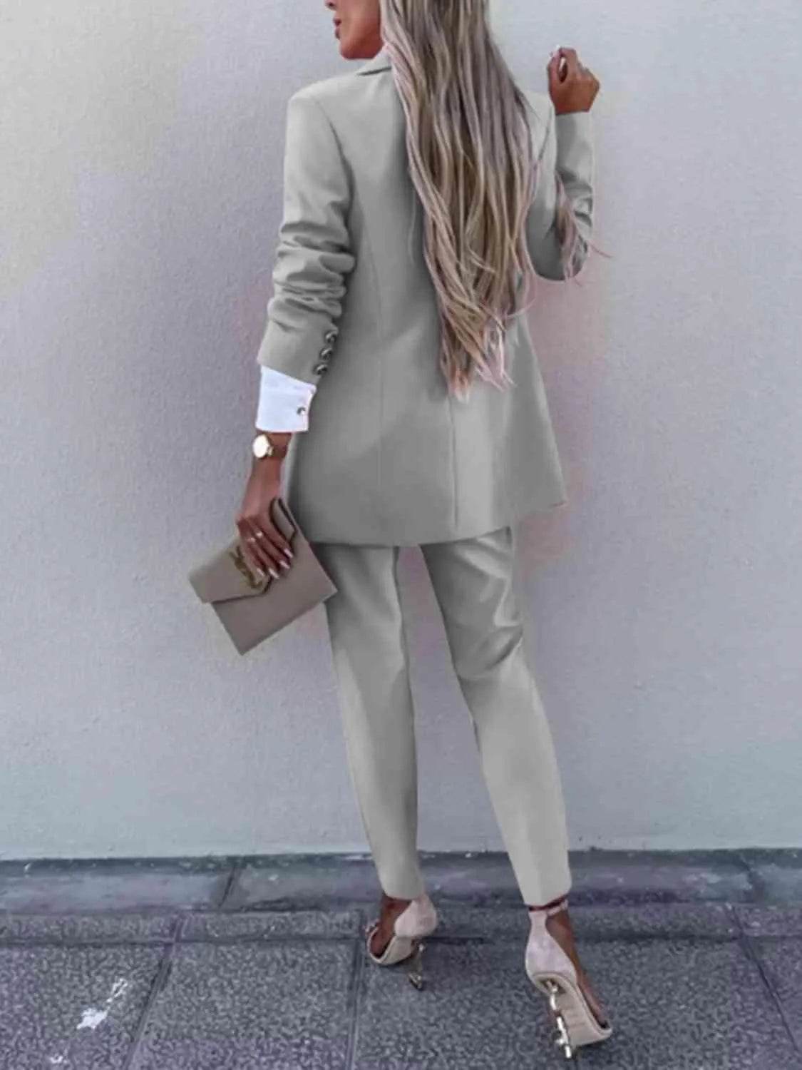 Bona Fide Fashion - Lapel Collar Long Sleeve Blazer and Pants Set - Women Fashion - Bona Fide Fashion