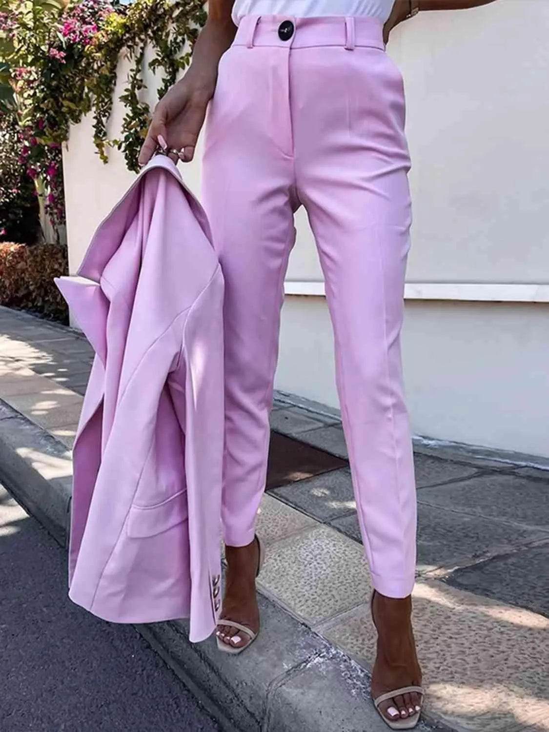 Bona Fide Fashion - Lapel Collar Long Sleeve Blazer and Pants Set - Women Fashion - Bona Fide Fashion
