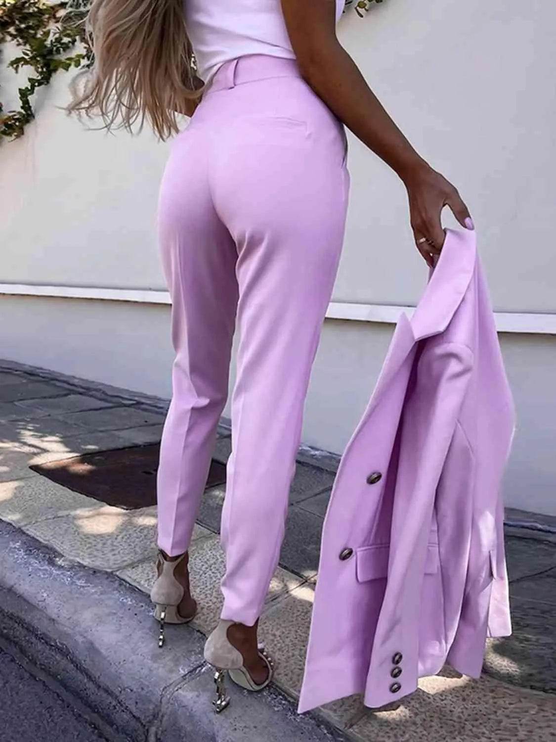 Bona Fide Fashion - Lapel Collar Long Sleeve Blazer and Pants Set - Women Fashion - Bona Fide Fashion