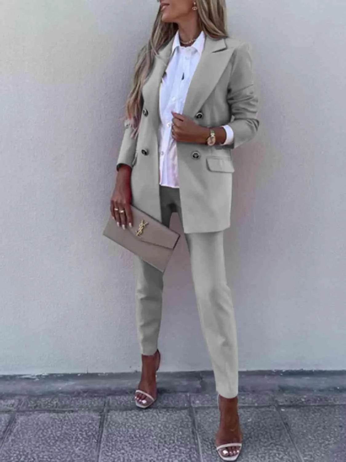 Bona Fide Fashion - Lapel Collar Long Sleeve Blazer and Pants Set - Women Fashion - Bona Fide Fashion