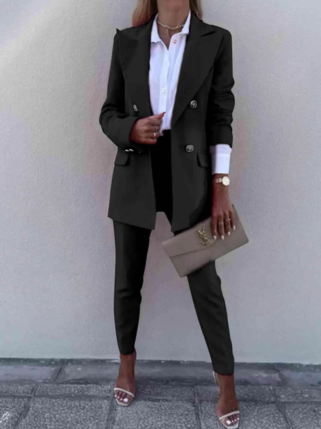 Bona Fide Fashion - Lapel Collar Long Sleeve Blazer and Pants Set - Women Fashion - Bona Fide Fashion