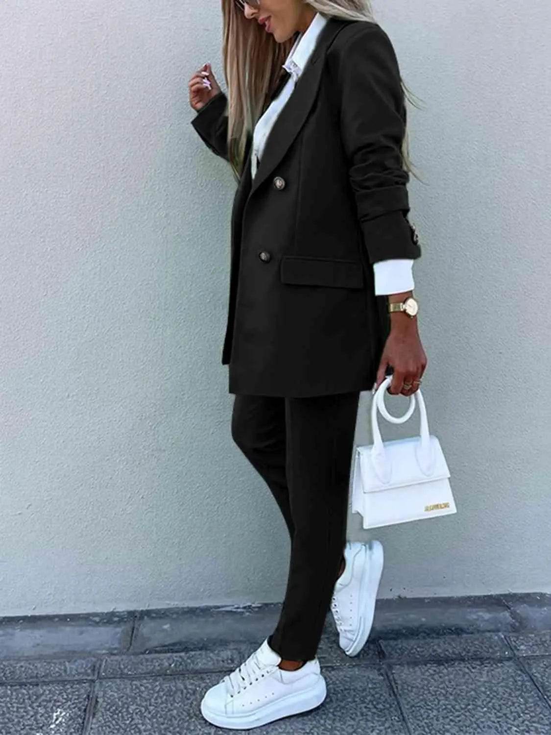 Bona Fide Fashion - Lapel Collar Long Sleeve Blazer and Pants Set - Women Fashion - Bona Fide Fashion