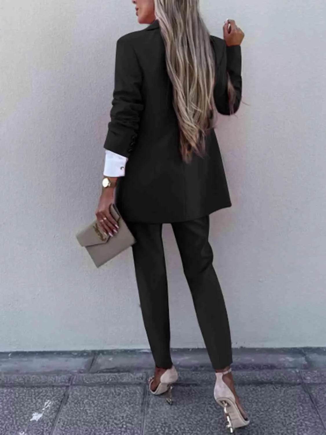 Bona Fide Fashion - Lapel Collar Long Sleeve Blazer and Pants Set - Women Fashion - Bona Fide Fashion