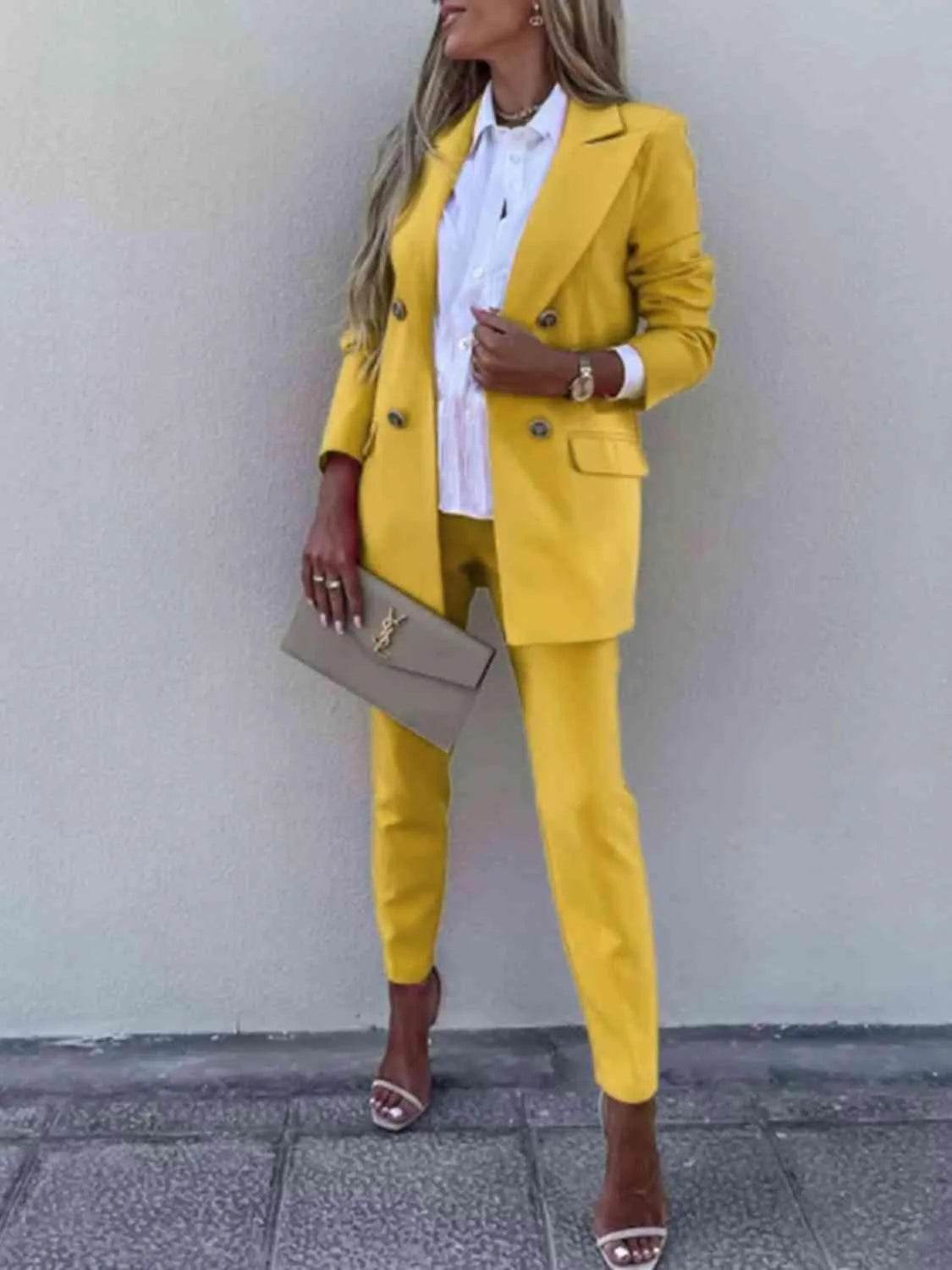 Bona Fide Fashion - Lapel Collar Long Sleeve Blazer and Pants Set - Women Fashion - Bona Fide Fashion