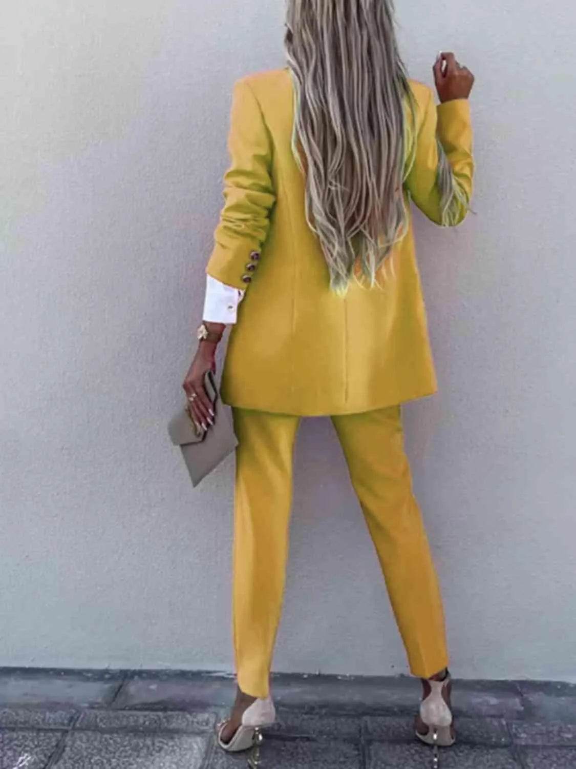 Bona Fide Fashion - Lapel Collar Long Sleeve Blazer and Pants Set - Women Fashion - Bona Fide Fashion