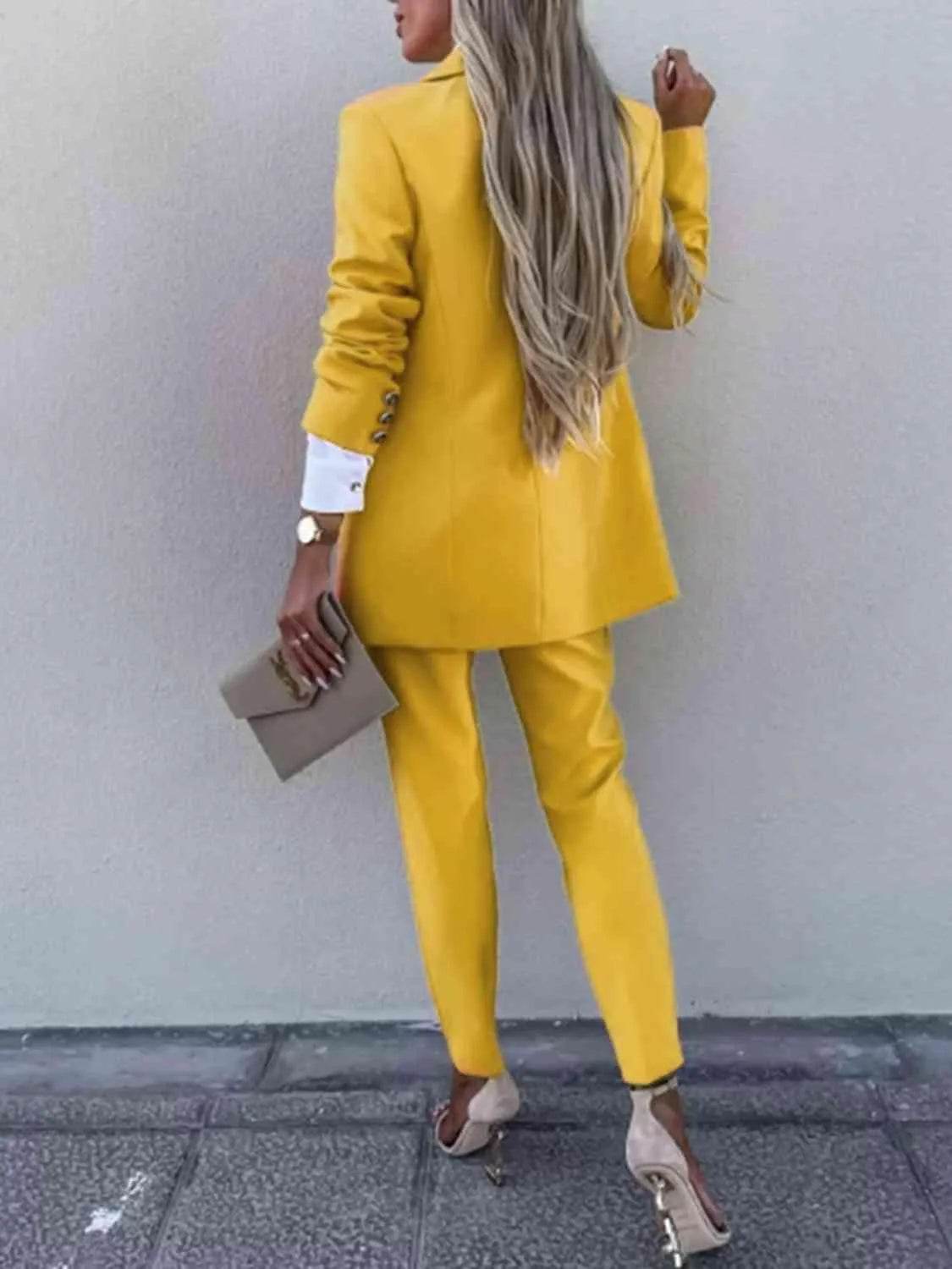 Bona Fide Fashion - Lapel Collar Long Sleeve Blazer and Pants Set - Women Fashion - Bona Fide Fashion