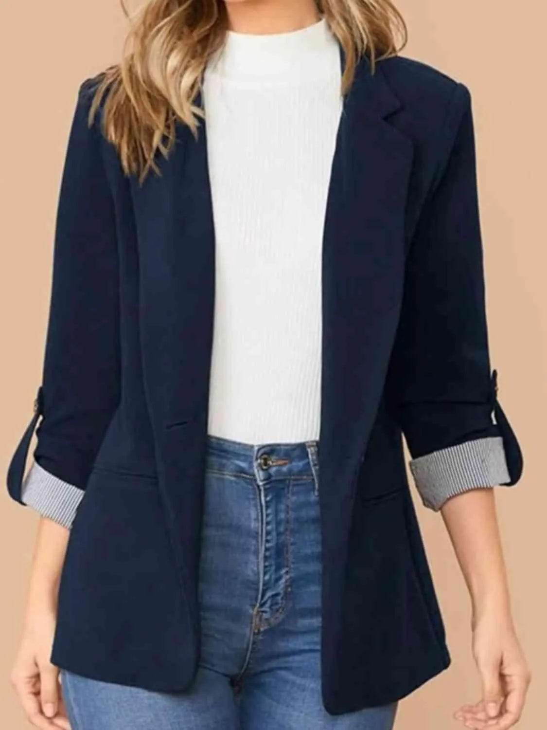 Bona Fide Fashion - Lapel Collar Roll-Tab Sleeve Blazer - Women Fashion - Bona Fide Fashion