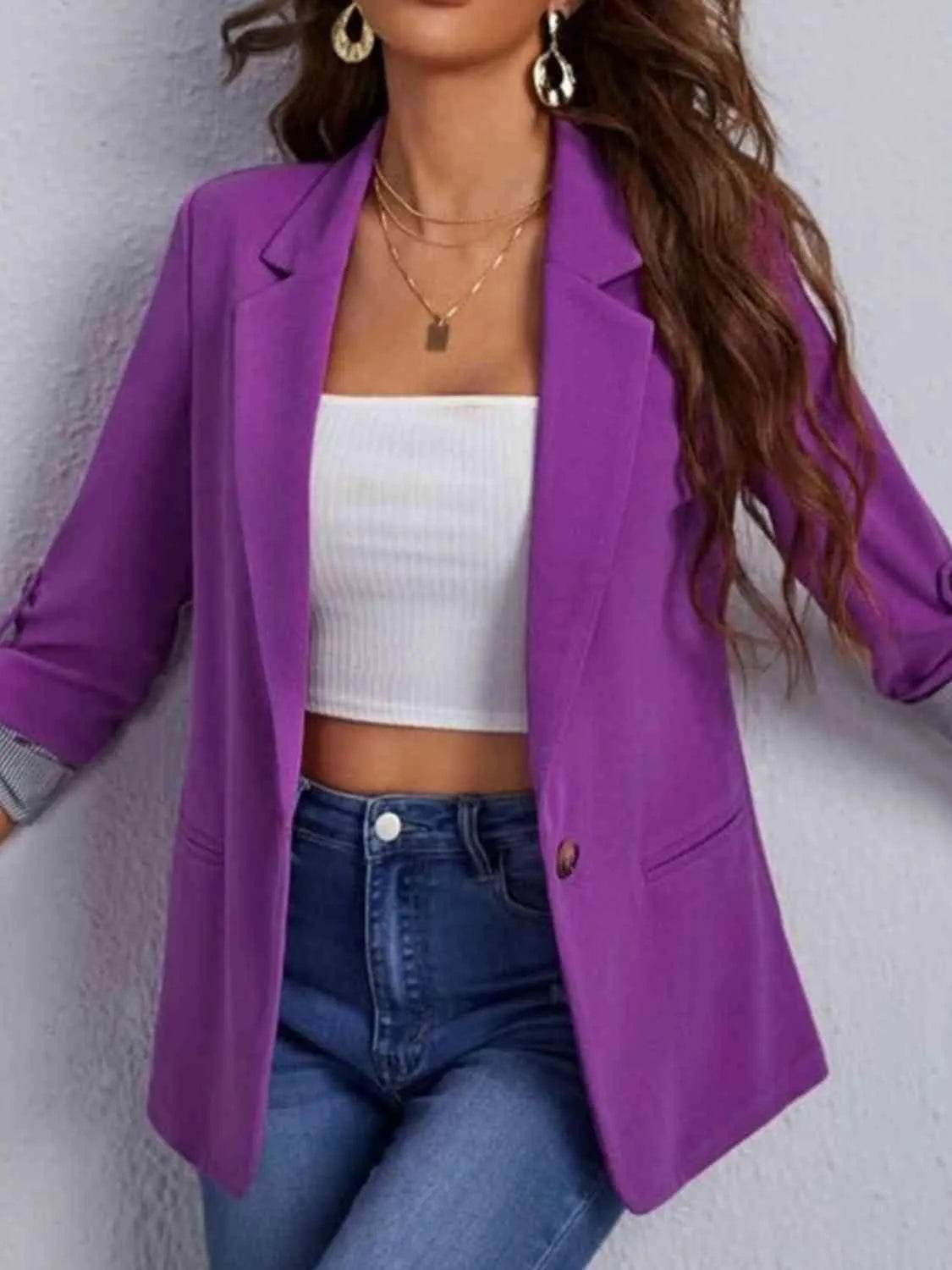 Bona Fide Fashion - Lapel Collar Roll-Tab Sleeve Blazer - Women Fashion - Bona Fide Fashion