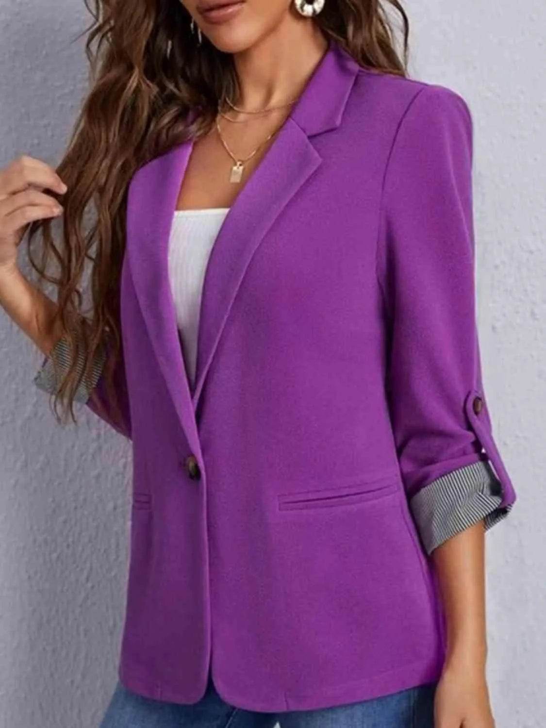 Bona Fide Fashion - Lapel Collar Roll-Tab Sleeve Blazer - Women Fashion - Bona Fide Fashion