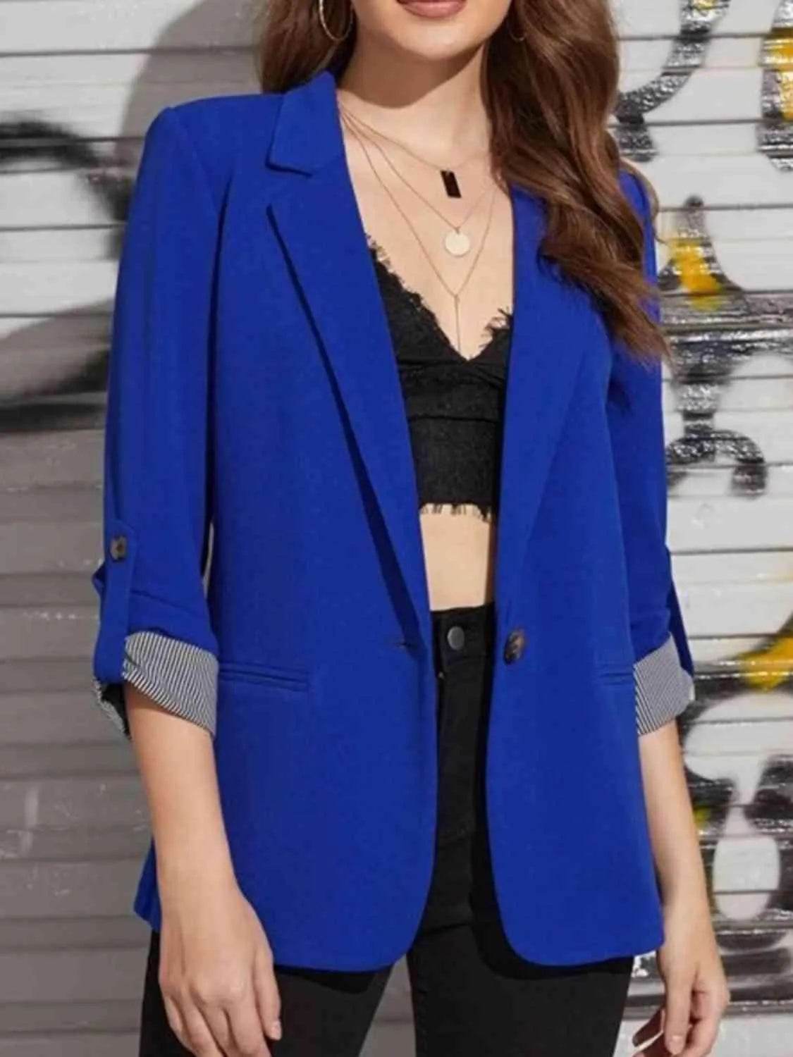 Bona Fide Fashion - Lapel Collar Roll-Tab Sleeve Blazer - Women Fashion - Bona Fide Fashion