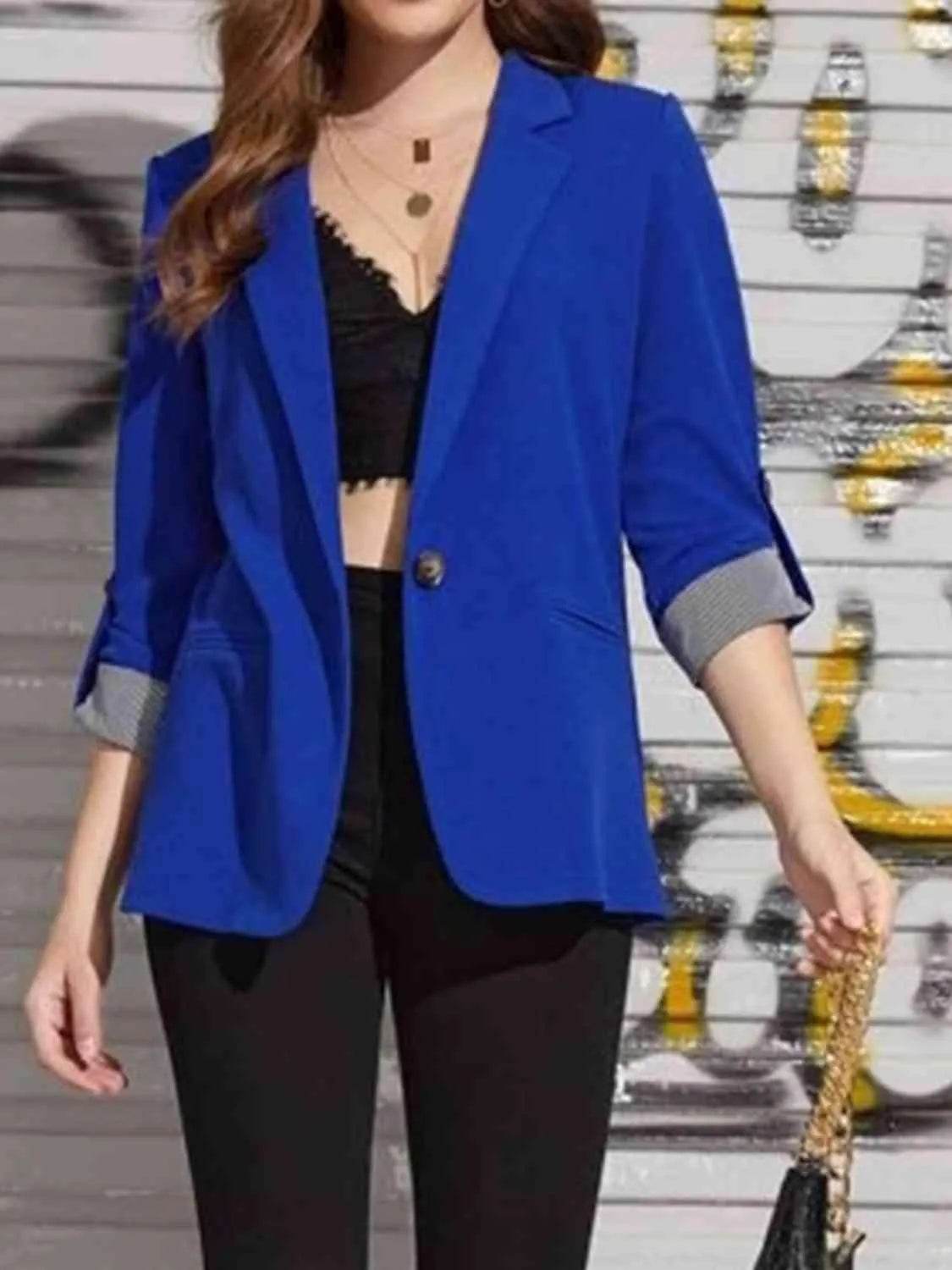 Bona Fide Fashion - Lapel Collar Roll-Tab Sleeve Blazer - Women Fashion - Bona Fide Fashion