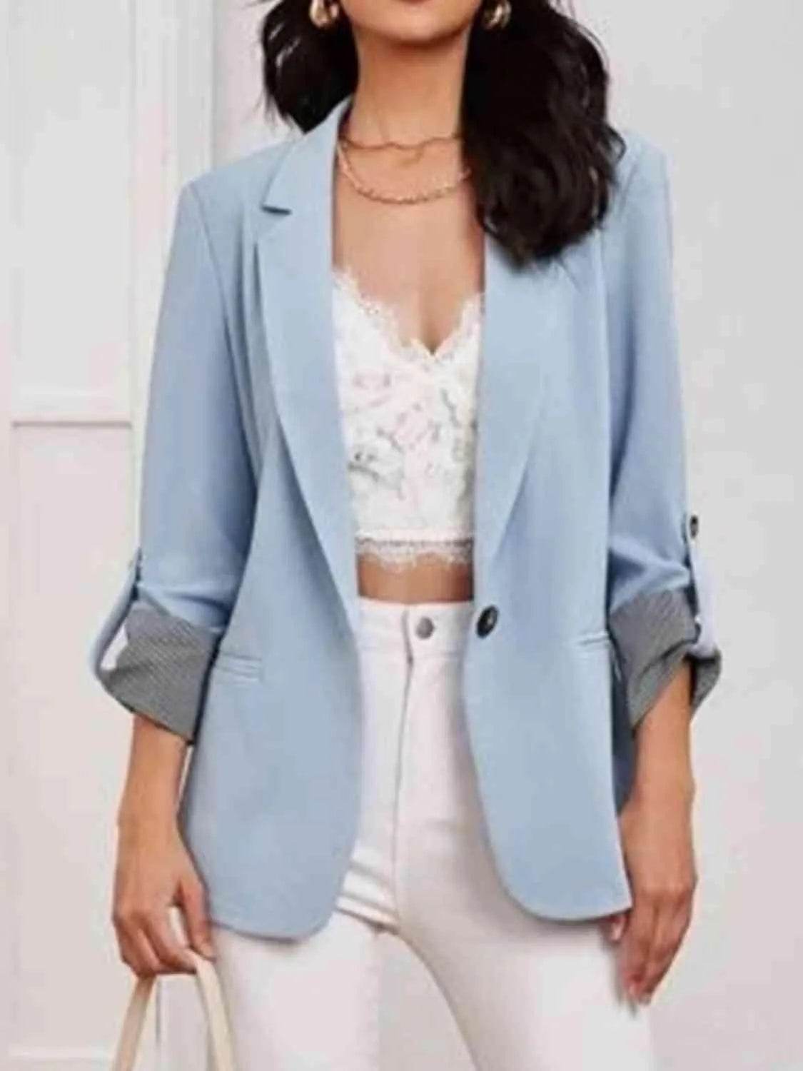 Bona Fide Fashion - Lapel Collar Roll-Tab Sleeve Blazer - Women Fashion - Bona Fide Fashion