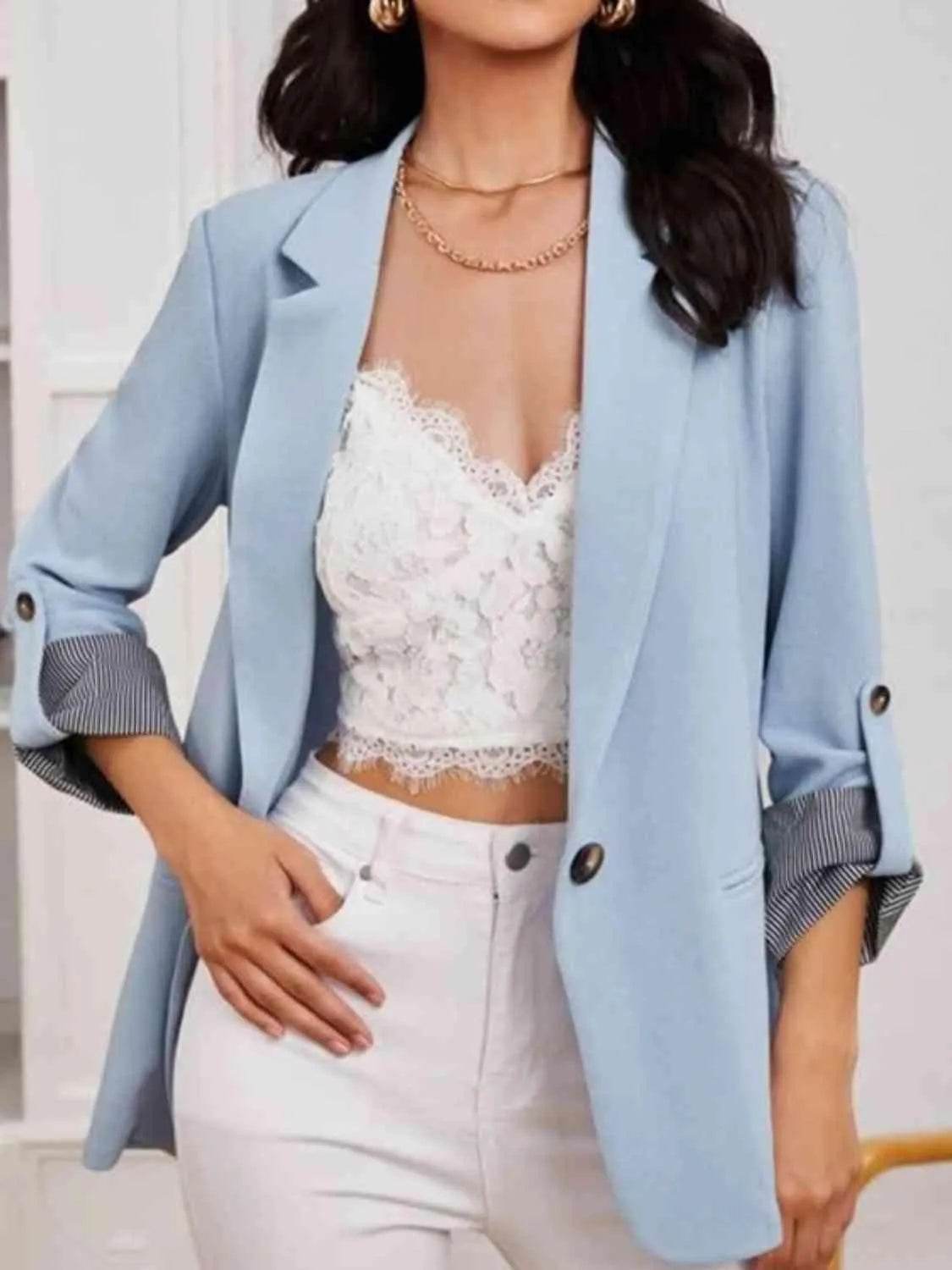 Bona Fide Fashion - Lapel Collar Roll-Tab Sleeve Blazer - Women Fashion - Bona Fide Fashion