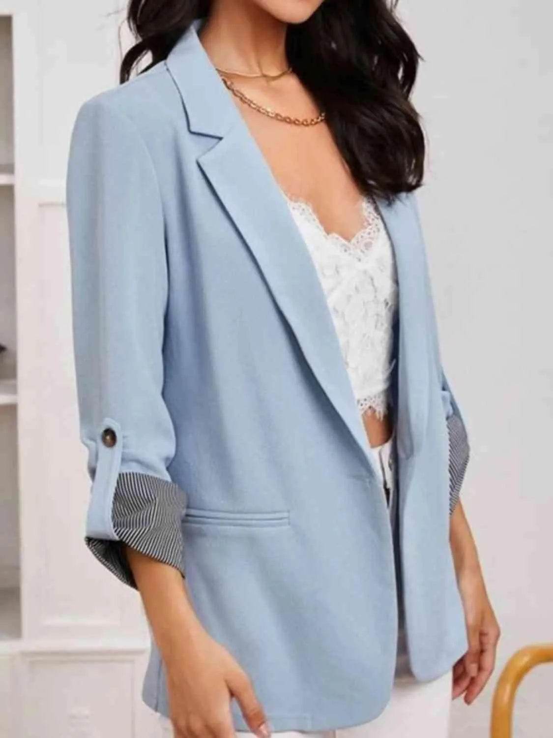 Bona Fide Fashion - Lapel Collar Roll-Tab Sleeve Blazer - Women Fashion - Bona Fide Fashion