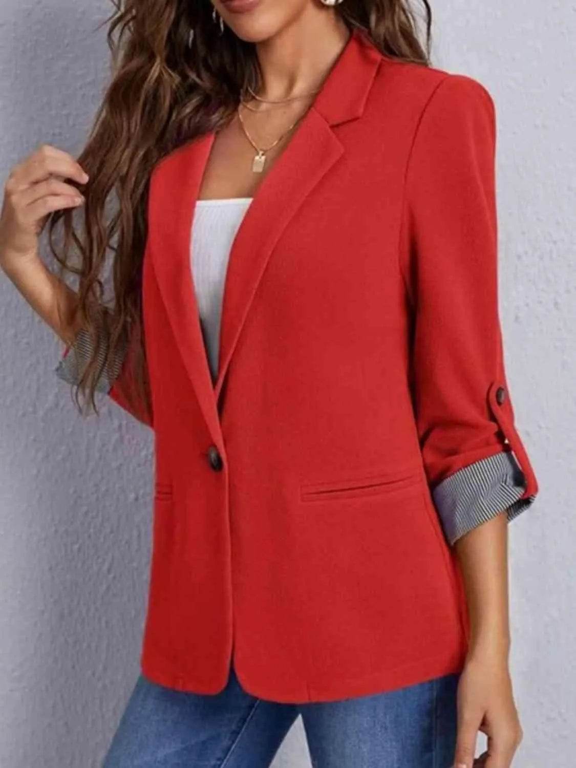 Bona Fide Fashion - Lapel Collar Roll-Tab Sleeve Blazer - Women Fashion - Bona Fide Fashion