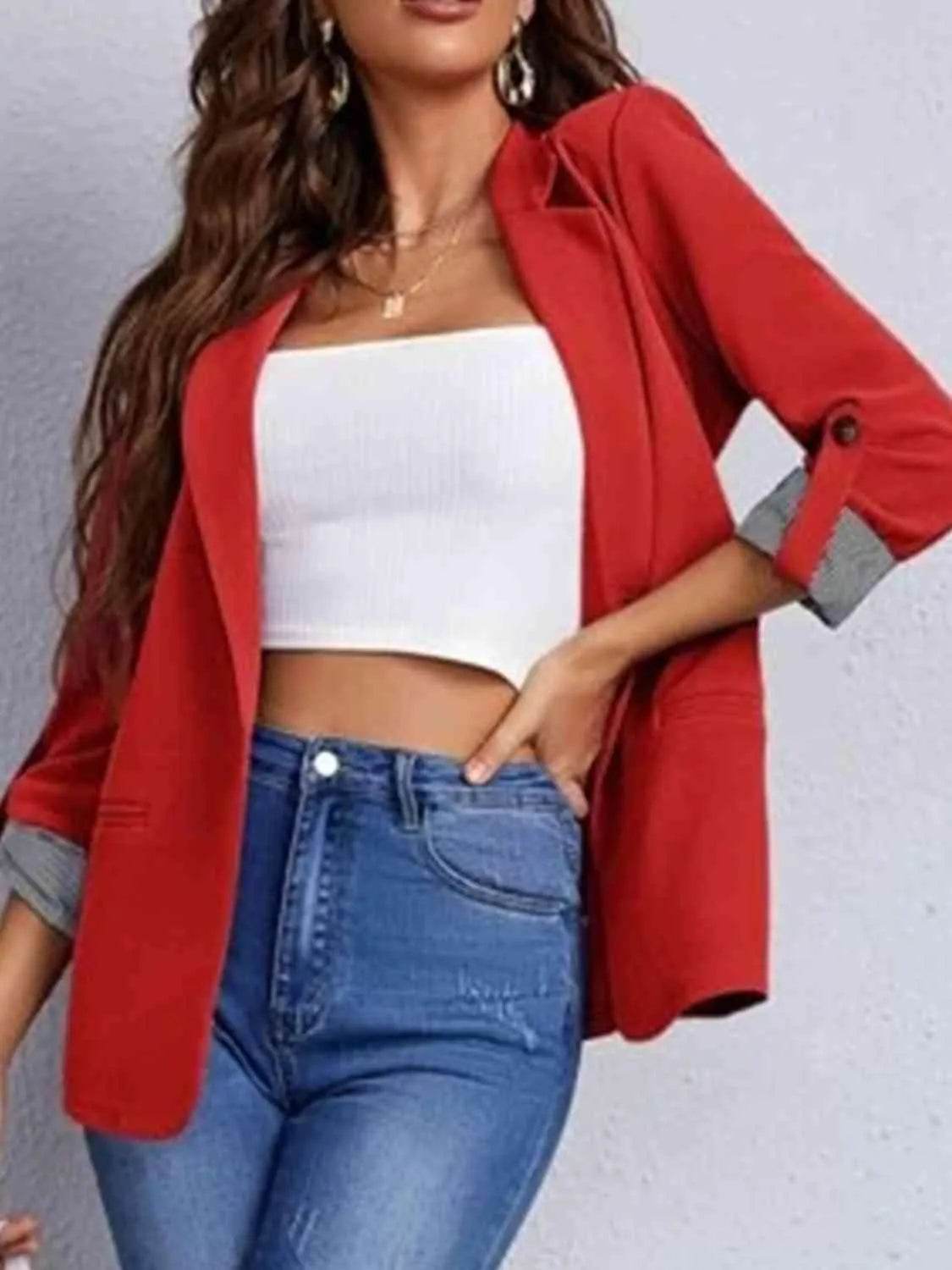 Bona Fide Fashion - Lapel Collar Roll-Tab Sleeve Blazer - Women Fashion - Bona Fide Fashion