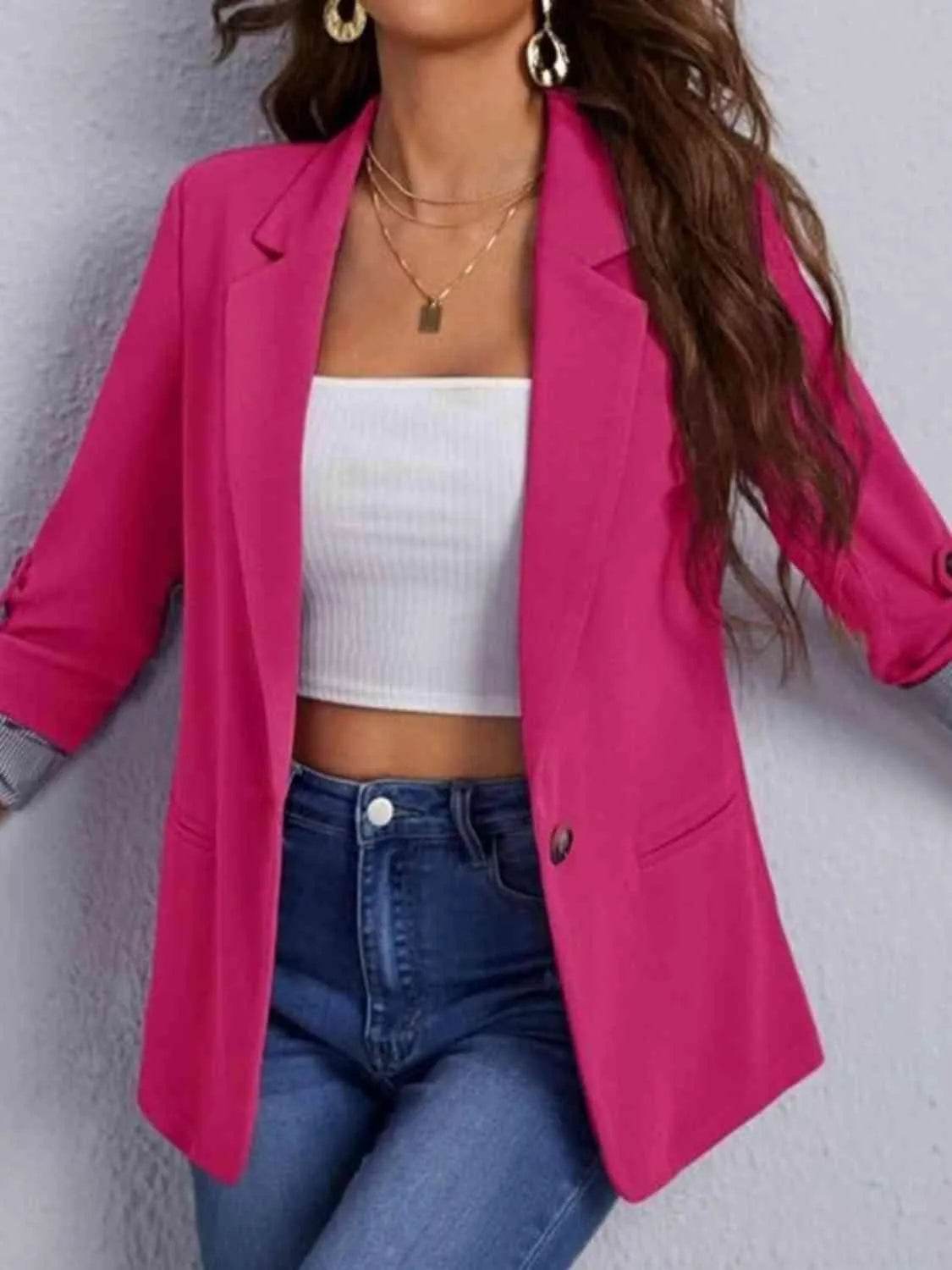 Bona Fide Fashion - Lapel Collar Roll-Tab Sleeve Blazer - Women Fashion - Bona Fide Fashion