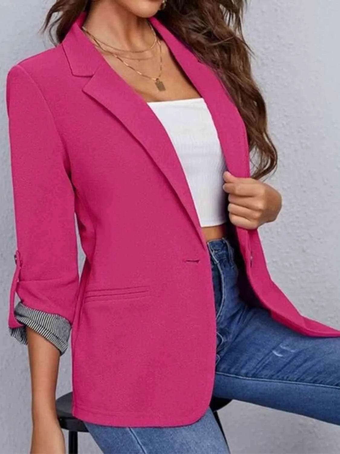 Bona Fide Fashion - Lapel Collar Roll-Tab Sleeve Blazer - Women Fashion - Bona Fide Fashion
