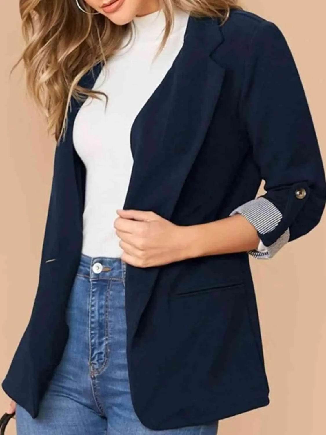 Bona Fide Fashion - Lapel Collar Roll-Tab Sleeve Blazer - Women Fashion - Bona Fide Fashion