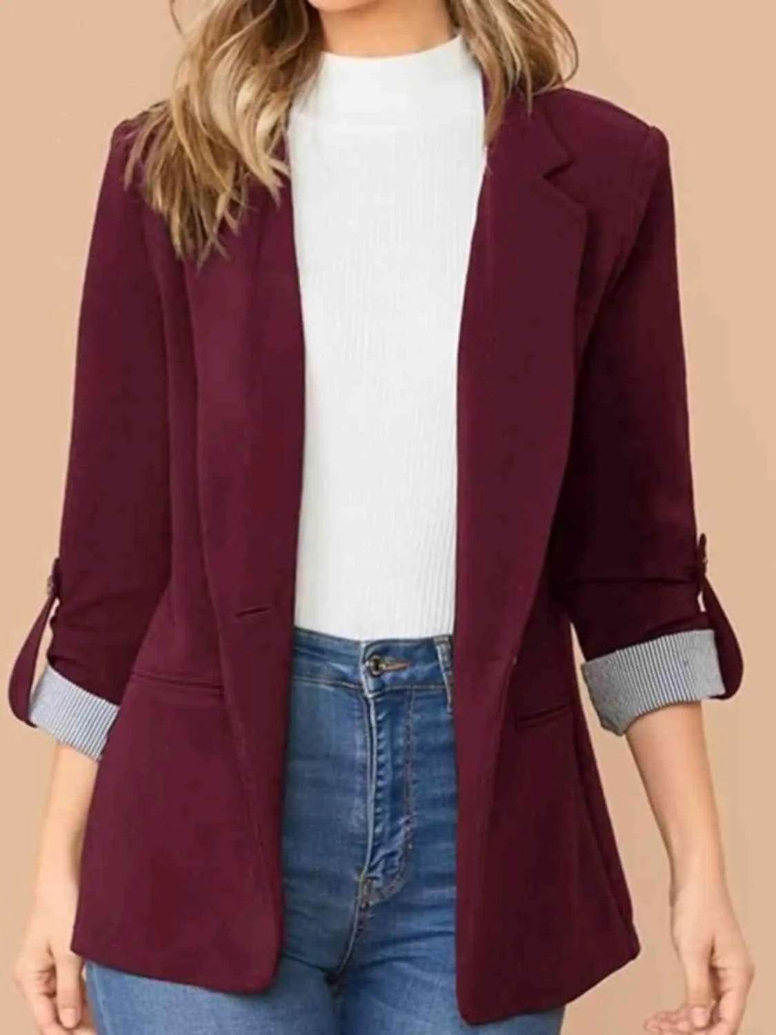 Bona Fide Fashion - Lapel Collar Roll-Tab Sleeve Blazer - Women Fashion - Bona Fide Fashion