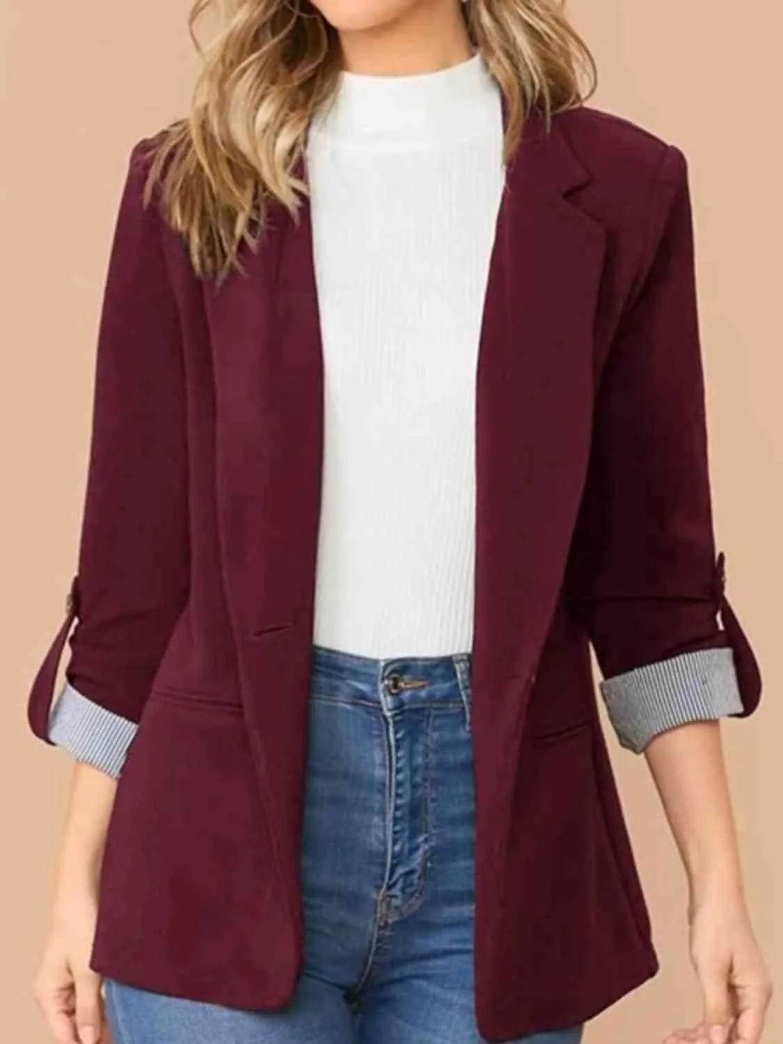 Bona Fide Fashion - Lapel Collar Roll-Tab Sleeve Blazer - Women Fashion - Bona Fide Fashion