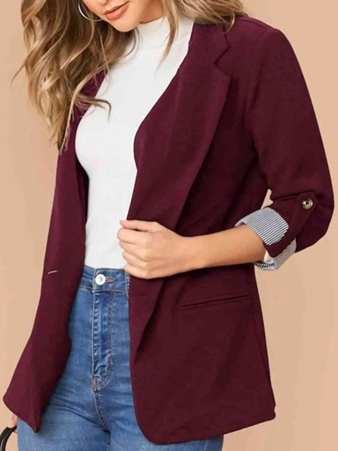 Bona Fide Fashion - Lapel Collar Roll-Tab Sleeve Blazer - Women Fashion - Bona Fide Fashion