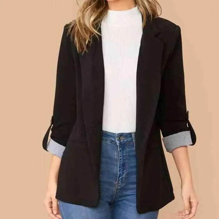 Bona Fide Fashion - Lapel Collar Roll-Tab Sleeve Blazer - Women Fashion - Bona Fide Fashion