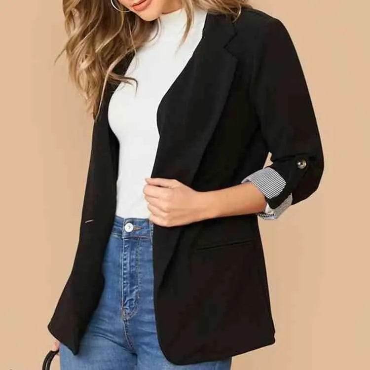 Bona Fide Fashion - Lapel Collar Roll-Tab Sleeve Blazer - Women Fashion - Bona Fide Fashion