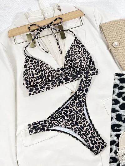 Bona Fide Fashion - Leopard Cutout Halter Neck Bikini Set - Women Fashion - Bona Fide Fashion