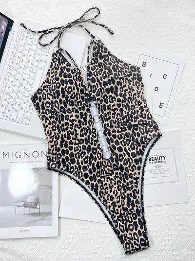 Bona Fide Fashion - Leopard Cutout Halter Neck One-Piece Swimwear - Women Fashion - Bona Fide Fashion