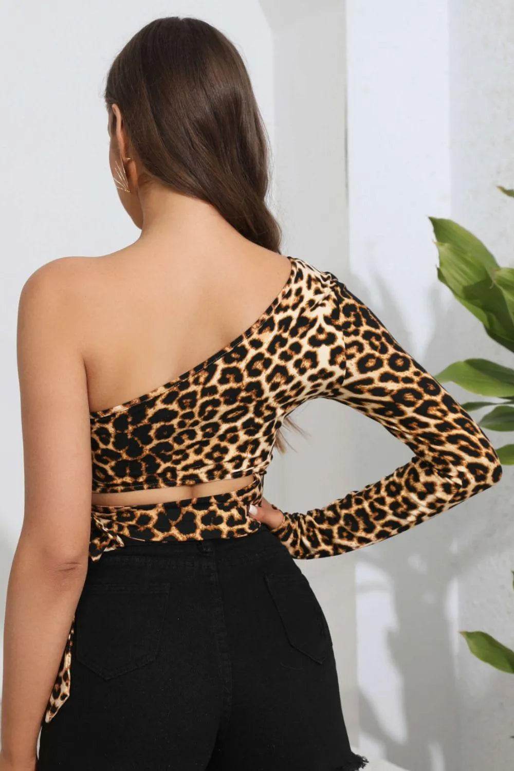 Bona Fide Fashion - Leopard Cutout One-Shoulder Cropped Top - Women Fashion - Bona Fide Fashion