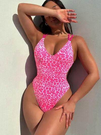 Bona Fide Fashion - Leopard Plunge Spaghetti Strap One-Piece Swimwear - Women Fashion - Bona Fide Fashion