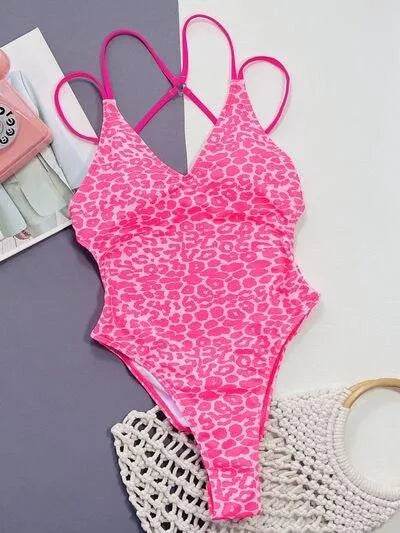 Bona Fide Fashion - Leopard Plunge Spaghetti Strap One-Piece Swimwear - Women Fashion - Bona Fide Fashion