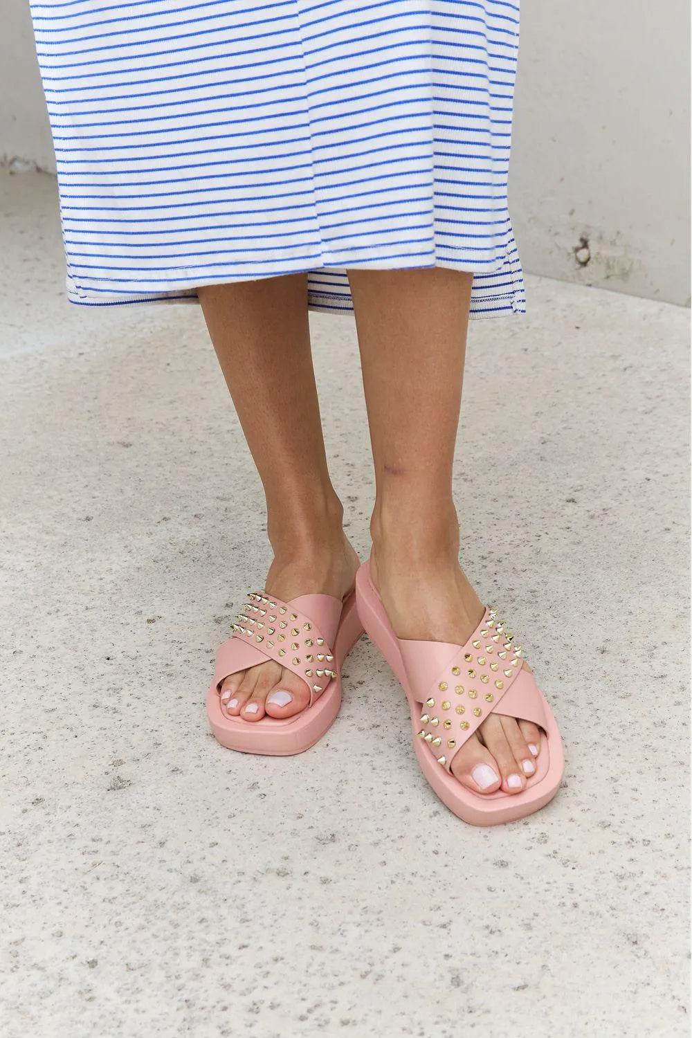 Bona Fide Fashion - Link Studded Cross Strap Sandals in Blush - Women Fashion - Bona Fide Fashion