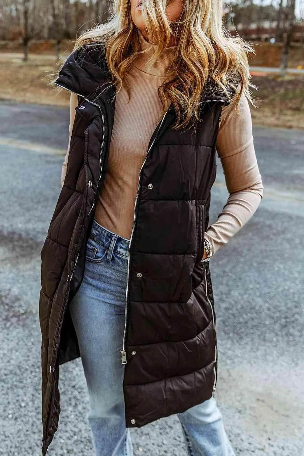 Bona Fide Fashion - Longline Hooded Sleeveless Puffer Vest - Women Fashion - Bona Fide Fashion