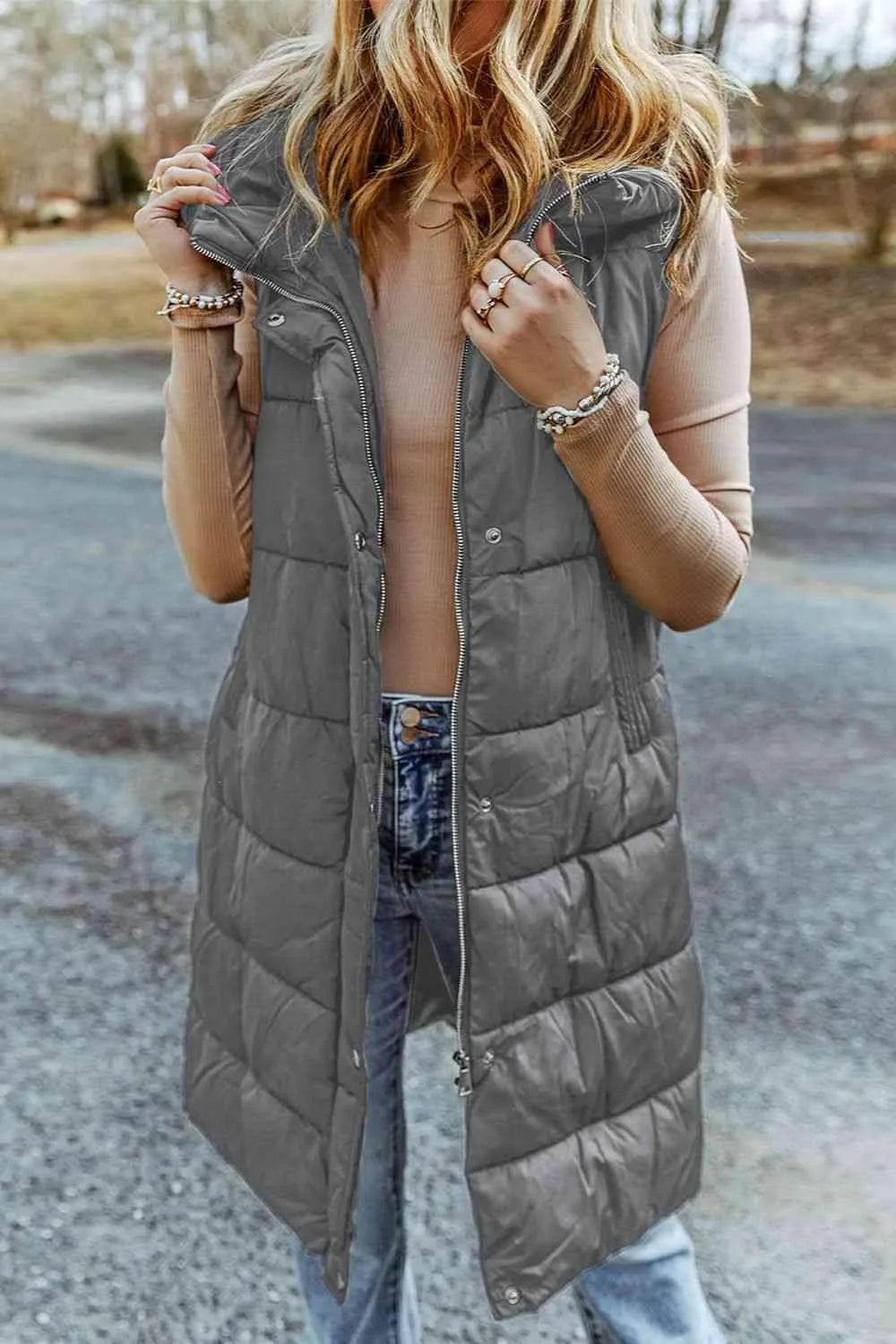 Bona Fide Fashion - Longline Hooded Sleeveless Puffer Vest - Women Fashion - Bona Fide Fashion