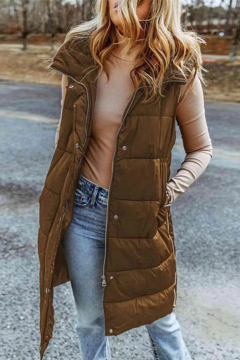 Bona Fide Fashion - Longline Hooded Sleeveless Puffer Vest - Women Fashion - Bona Fide Fashion